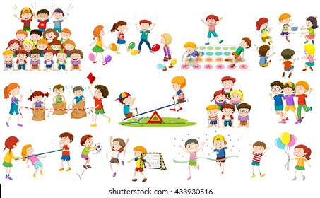 Children play different kind of game illustration