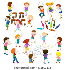 Children play different kind of games illustration