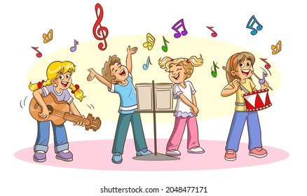 Children play different musical instruments and sing a song. Children's orchestra and music classes banner or poster background design, flat vector illustration isolated on white background.