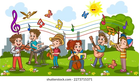 Children play different musical instruments and sing a song. Children's orchestra and music classes banner or poster background design, flat vector illustration isolated on white background.