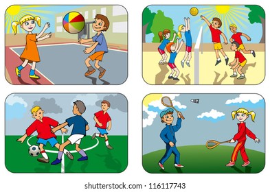 Children play different outdoor games, volleyball, soccer, badminton, vector illustration