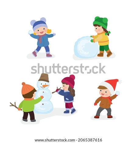 Children play different winter games. Boy and girl build snowman. Set of various kids in warm clothes. Schoolсhildren playing snowballs. Collection of joyful teenagers for walks. Vector illustration