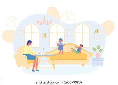 Children Play and Disturb Mom from Working at Home. Woman in Chair at Table and Trying Focus on Work. She Angry with Children who Noisy and Jumping on Couch. It’s Difficult for her Fulfill Work Plan.