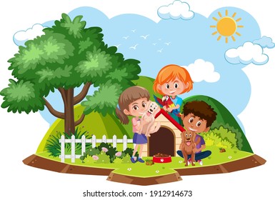Children play with dog isolated illustration