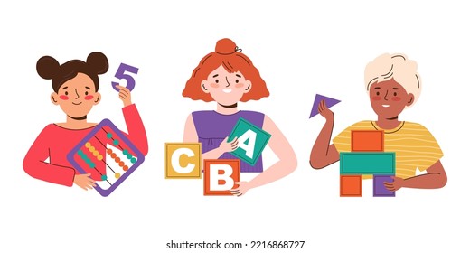 Children play educational games and learn. Preschool kids in kindergarten classes. Girls and boys are study in the lesson at school. Home education. Colorful hand drawn flat set of illustrations