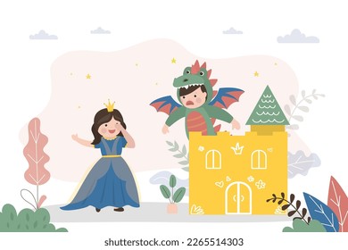 Children play fairy-tale characters. Dragon has taken over castle of beautiful princess. Boy dressed as monster and girl dressed as queen. Fight between good and evil. Friends imagine, actively play.