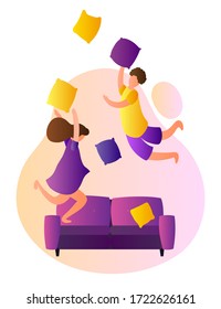 Children play and fight pillows on the couch. Home games, entertainment, leisure concept. Vector cartoon flat stock illustration