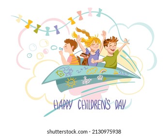 Children play and fly on an imaginary plane. Children's day. Vector illustration.