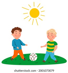 Children play football. The boys kick the ball.