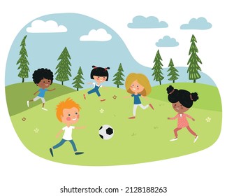 Children play football in the field. Boys and girls play with a ball on the grass. Vector illustration.