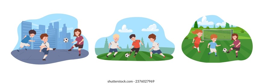 Children play football, happy girls and boys playing soccer on the lawn, at the stadium, on the city site. Cartoon kids in sportswear kicks the soccer ball. Sports team game vector illustrations set