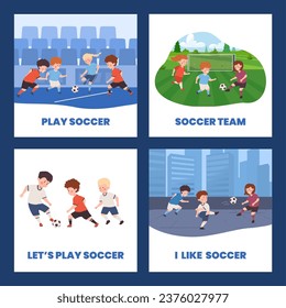 Children play football, happy girls and boys playing soccer on the lawn, at the stadium, on the city site. Cartoon kids in sportswear kicks the soccer ball. Healthy sports team game vector posters set