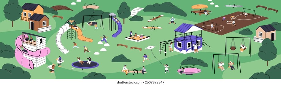 Children play football on playground, school ground. Kids have fun with games in park, kindergarten. Happy babies are on swings, seesaws, slides, sandbox in daycare outdoors. Flat vector illustration.