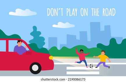 children play football on the road crosswalk in front of car dangerous game vector illustration