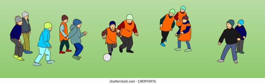 Children play football outdoors. The boys are kicking the ball. Football game, small child, play with a ball. Modern flat vector illustration.