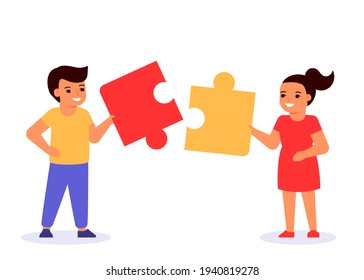 Children play game, put together puzzle, think, solve riddle. Boy and girls hold piece of puzzle and put it together. Concept of education, learning success, school solutions. Vector flat