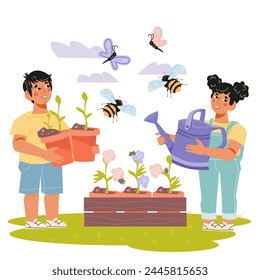 Los niños juegan en el jardín, plantan árboles y experimentan felicidad y diversión. Actividades al aire libre de verano y primavera para niños y ecologización del medio ambiente, Ilustración vectorial plana aislada en blanco.