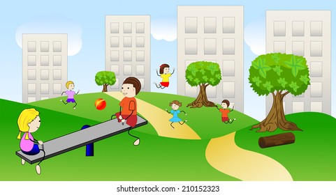 children play the green lawn near pitch houses, vector illustration