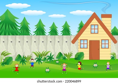 children play the green lawn near the forest, vector illustration