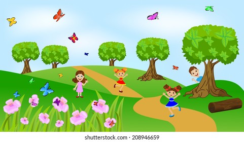 children play the green lawn, vector illustration
