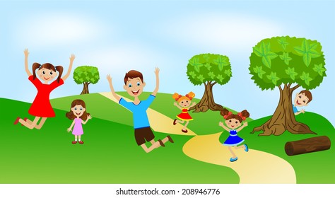 children play the green lawn, vector illustration