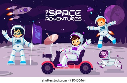 Children play and have fun in space on the moon, banner or poster cool vector design illustration