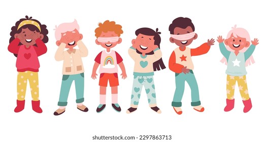 Children play hide and seek flat illustrations. Funny kids playing games. Close eyes and counting. Players hide. Color design elements