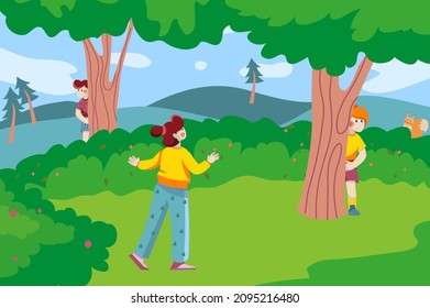 Children play in hide and seek game in forest background. Boys peeking from trees and hide, girl catches them at green lawn. Nature scenery at city park. Vector illustration in flat cartoon design