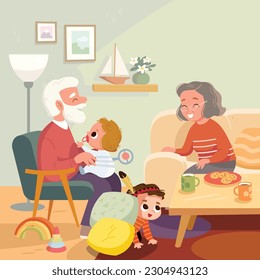 Children play at home with grandparents. Cozy interior. Living room with furniture and decorative elements. Grandma and grandpa with play with boys.