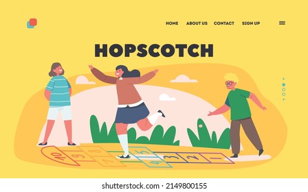 Children Play Hopscotch Game Landing Page Template. Happy Kids Summer Vacation Activity. Boys and Girls Friends Characters Spend Time Together on Playground. Cartoon People Vector Illustration