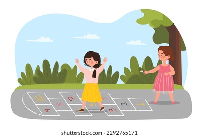 Children play hopscotch. Girls jump on squares with numbers. Entertainment and outdoor activities. Friends spend time together.