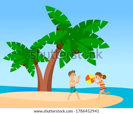 Children play with an inflatable ball on the beach under palm trees. Relax on a tropical spicy. Vacation in hot countries. Games near the sea or ocean. Tropical island. Travel to exotic countries