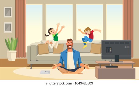 Children play and jump on sofa behind angry and stressed meditation father. Home relax concept with fun cartoon characters. Vector illuctration of parent and children at living room modern interior.