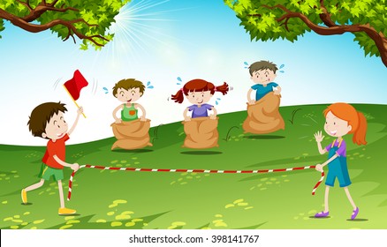 Children play jumping sack in the park illustration