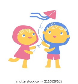 Children play with a kite. Cute vector illustration