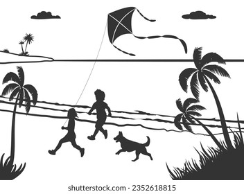 Children play with kites on a tropical beach, minimalist design, vector illustration