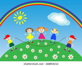 children play in the meadow