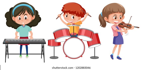 Children play with music instrument illustration