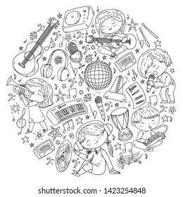 Children play music. Musical education, theatre, school.