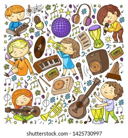 Children play music. Musical education, theatre, school.