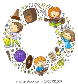 Children play music. Musical education, theatre, school.