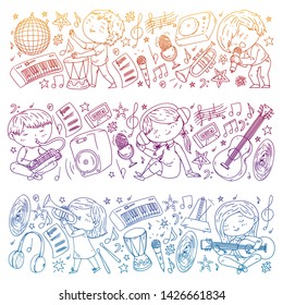 Children play music. Musical education, theatre, school.