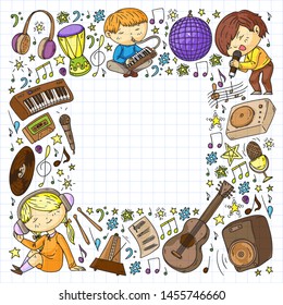 Children play music. Musical education, theatre, school.