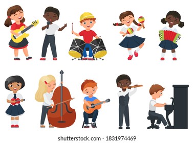 Children play music vector illustration. Cartoon flat cute kid musician character collection with funny child singing and playing musical instruments guitar cello piano drum flute isolated on white