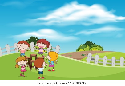 Children Play Musical Chairs Game Illustration