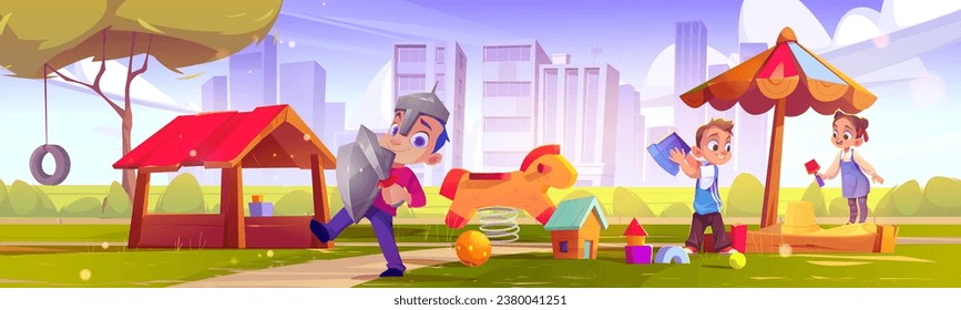 Children play on playground in city park. Cartoon vector illustration of summer urban landscape with kindergarten outdoor recreation area. Daycare zone in yard with kid equipment and toys.