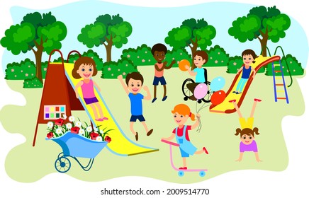 Children play on the playground funny  Cartoon characters Girls and boys ride a slide play ball ride a scooter  With different skin color Child with disabilities in a wheelchair Vector illustration