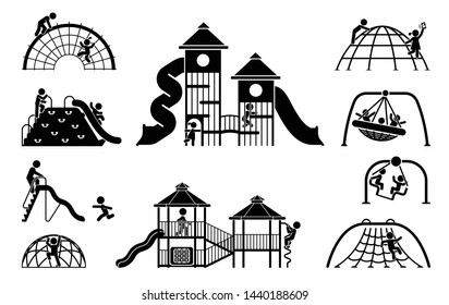 Children Play On Playground. Kid Playground Equipment Icons. Childhood Pictogram Icon Set.