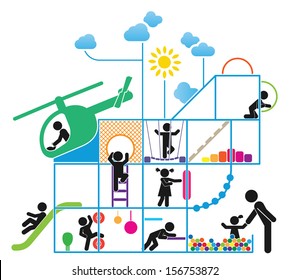 Children play on playground. Pictogram icon set