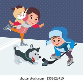 children play on the rink with their pets, vector image